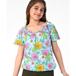Pine Kids Cotton Knit Half Sleeves Limpet Shell Top Floral Print - Turquoise Blue