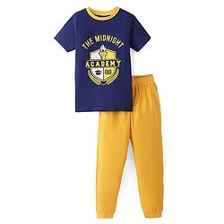 Pine Kids Single Jersey Half Sleeves Night Suit Academy Print - Blue Depth & Old Gold