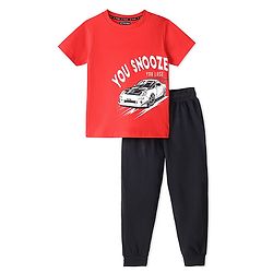 Pine Kids 100% Cotton Single Jersey Knit Half Sleeves Night Suit Car Print-High Risk Red & Jet Black