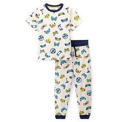 Pine Kids Cotton Knit Single Jersey Half Sleeves Game Controller Print Night Suit- White & Black