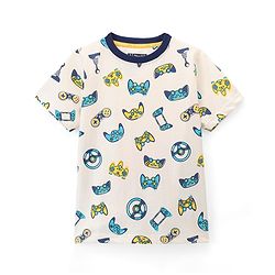 Pine Kids Cotton Knit Single Jersey Half Sleeves Game Controller Print Night Suit- White & Black