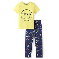 Pine Kids 100% Cotton Single Jersey Knit Half Sleeves Night Suit Emoji Print - Lemon Verbena & Estate Blue