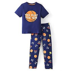 Pine Kids Cotton Half Sleeves Night Suit With Basket Ball Print - Navy Blue