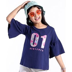 Pine Kids Cotton Knit Flutter Sleeves T-Shirt One Print - Blue Quartz
