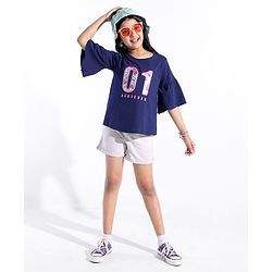 Pine Kids Cotton Knit Flutter Sleeves T-Shirt One Print - Blue Quartz