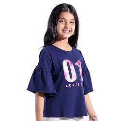 Pine Kids Cotton Knit Flutter Sleeves T-Shirt One Print - Blue Quartz