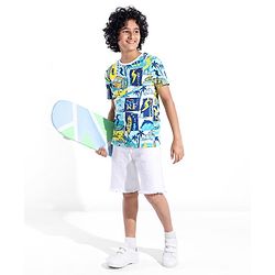 Pine Kids 100% Cotton Knit Half Sleeves T-Shirt Bus Print - White