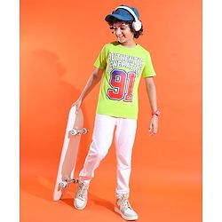 Pine Kids Cotton Knit Half Sleeves T-Shirts Text Print- Green