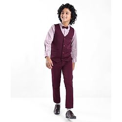 Pine Kids Full Sleeves Solid Color Party Suit With Bow - Wine