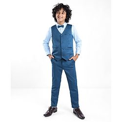Pine Kids Full Sleeves Party Suit With Bow Solid Colour - Teal Blue