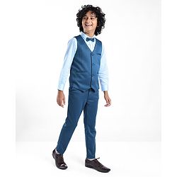 Pine Kids Full Sleeves Party Suit With Bow Solid Colour - Teal Blue