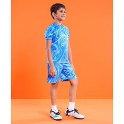 Pine Active Half Sleeves Knitted Athleisure T-Shirt & Shorts Set Marble Print - Blue