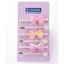 Pine Kids Hair Pins And Clips with Bow Applique Free Size Pack of 6 - Multicolour