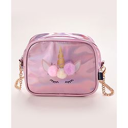 Pine Kids Sling Bag With Unicorn Print & Pom Pom Applique -Pink