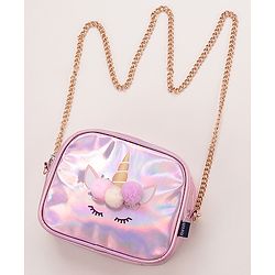 Pine Kids Sling Bag With Unicorn Print & Pom Pom Applique -Pink