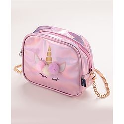 Pine Kids Sling Bag With Unicorn Print & Pom Pom Applique -Pink