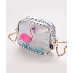 Pine Kids Sling Bag With Flamingo Bird Print - Silver