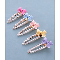 Pine Kids Free Size Pearls & Bow Applique Hair Clips Pack of 5 - Multicolour