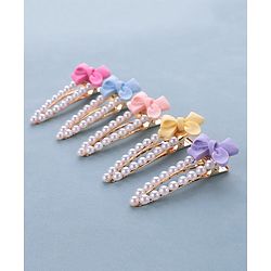 Pine Kids Free Size Pearls & Bow Applique Hair Clips Pack of 5 - Multicolour