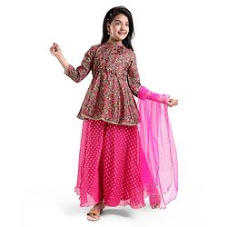 Pine Kids Full Sleeves Floral Detailing Choli with Foil Printed Lehenga Set with Dupatta - Pink
