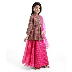 Pine Kids Full Sleeves Floral Detailing Choli with Foil Printed Lehenga Set with Dupatta - Pink