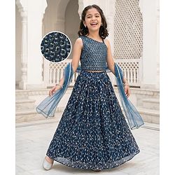 Pine Kids Woven Sleeveless Floral Sequin Embroidered Choli & Lahenga Set with Dupatta - Blue