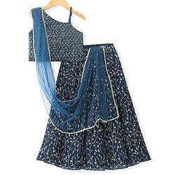 Pine Kids Woven Sleeveless Floral Sequin Embroidered Choli & Lahenga Set with Dupatta - Blue