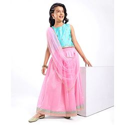 Pine Kids Sleeveless Choli & Lehenga with Dupatta Set Embroidery & Gold Foil Print - Pink & Blue
