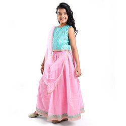 Pine Kids Sleeveless Choli & Lehenga with Dupatta Set Embroidery & Gold Foil Print - Pink & Blue
