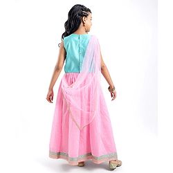 Pine Kids Sleeveless Choli & Lehenga with Dupatta Set Embroidery & Gold Foil Print - Pink & Blue
