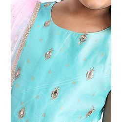 Pine Kids Sleeveless Choli & Lehenga with Dupatta Set Embroidery & Gold Foil Print - Pink & Blue