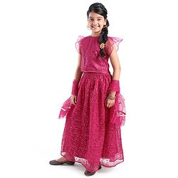 Pine Kids All Over Embroidered Half Sleeves Choli Lehenga set with Dupatta- Pink