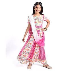 Pine Kids Cotton Knit Half Sleeves Choli & Lehenga Set with Dupatta Floral Printed - Pink