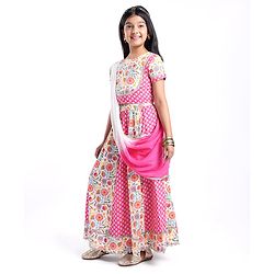Pine Kids Cotton Knit Half Sleeves Choli & Lehenga Set with Dupatta Floral Printed - Pink