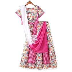 Pine Kids Cotton Knit Half Sleeves Choli & Lehenga Set with Dupatta Floral Printed - Pink