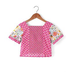 Pine Kids Cotton Knit Half Sleeves Choli & Lehenga Set with Dupatta Floral Printed - Pink