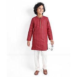 Pine Kids Cotton Full Sleeves Kurta & Pyjama Set Striped - Maroon & White