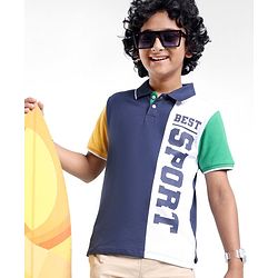 Pine Kids 100% Cotton Half Sleeves Text Print Polo T-Shirt - Blue