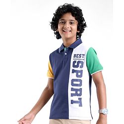Pine Kids 100% Cotton Half Sleeves Text Print Polo T-Shirt - Blue