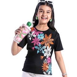 Pine Kids 100% Cotton Half Sleeves T-Shirt With Floral Print - Black