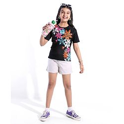 Pine Kids 100% Cotton Half Sleeves T-Shirt With Floral Print - Black