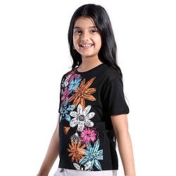 Pine Kids 100% Cotton Half Sleeves T-Shirt With Floral Print - Black
