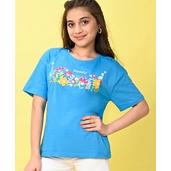 Pine Kids 100% Cotton Knit Half Sleeves T-Shirt With Floral Print & 3D Applique - Blue