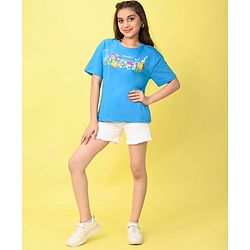 Pine Kids 100% Cotton Knit Half Sleeves T-Shirt With Floral Print & 3D Applique - Blue