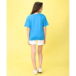 Pine Kids 100% Cotton Knit Half Sleeves T-Shirt With Floral Print & 3D Applique - Blue
