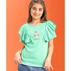 Pine Kids 100% Cotton Half Frill Sleeves Floral Embroidered Top - Blue