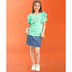 Pine Kids 100% Cotton Half Frill Sleeves Floral Embroidered Top - Blue