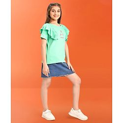 Pine Kids 100% Cotton Half Frill Sleeves Floral Embroidered Top - Blue