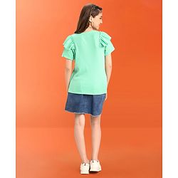 Pine Kids 100% Cotton Half Frill Sleeves Floral Embroidered Top - Blue