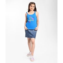 Pine Kids Cotton Sleeveless Top with Embroidered Text & Butterfly Print - Blue